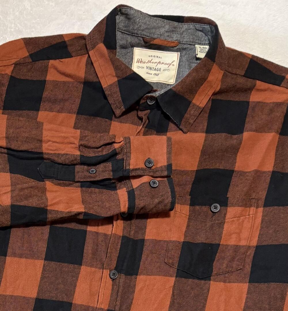 Weatherproof Vintage Shirt Mens XL Orange Black Buffalo Check Plaid Flannel